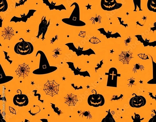 Fototapeta Halloween pattern with silhouettes of bats, pumpkins, spider webs, and witch hats on an orange background