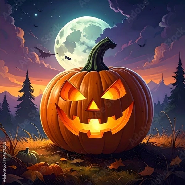 Fototapeta Halloween pumpkin in a night forest