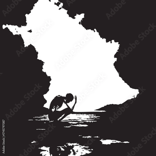 Obraz Contemplative Silhouette in Cave Vector — Black and White Illustration of Person Reflected in Water within France-Shaped Opening