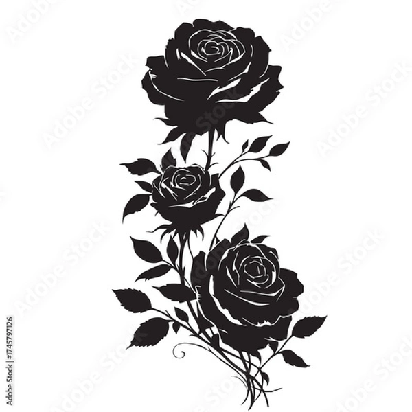 Obraz Vertical Rose Silhouette Vector — Black and White Floral Illustration of Three Blooming Roses with Stylized Leaves and Stems