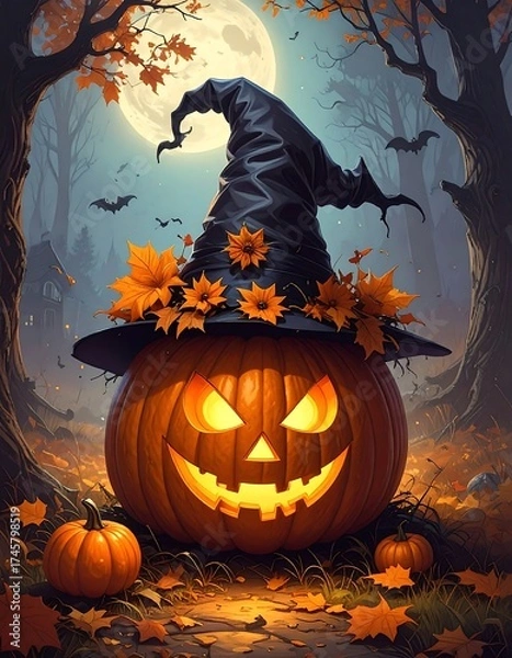 Fototapeta Halloween pumpkin with witch hat in autumn forest
