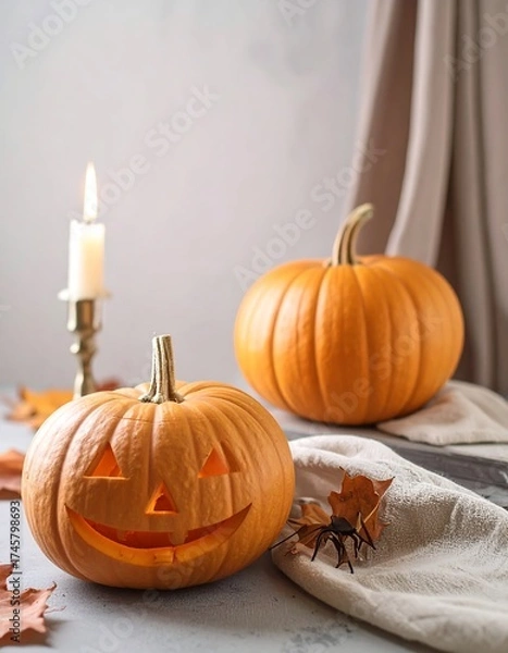 Fototapeta Halloween pumpkins and candle on a table