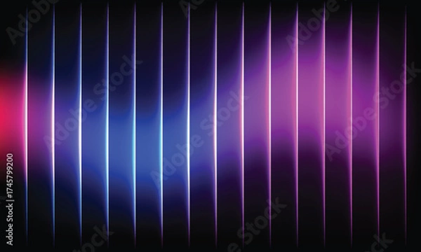 Fototapeta Glowing neon vertical lines on dark background. Futuristic abstract vector with blue, pink, and purple light effect.