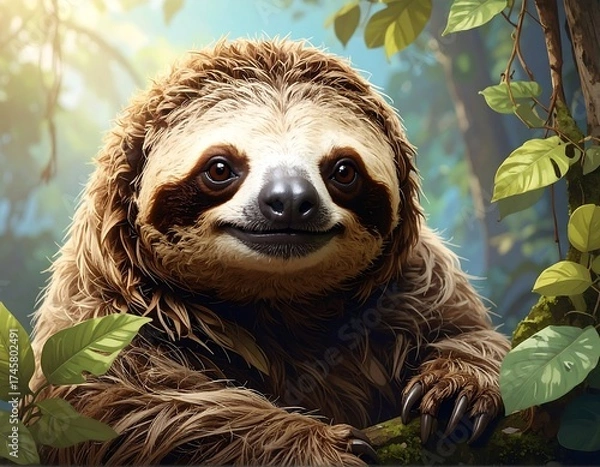 Fototapeta Close-up of a smiling sloth in a lush jungle setting