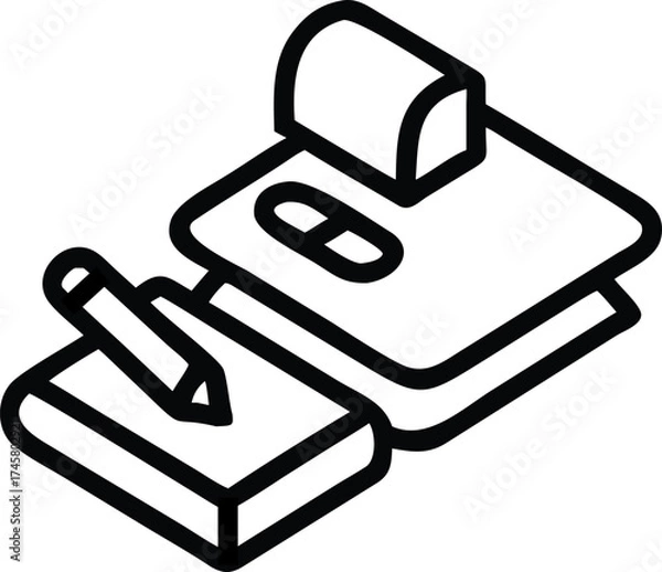 Fototapeta Notepad and pencil icon for writing notes or drawing sketch in isometric view