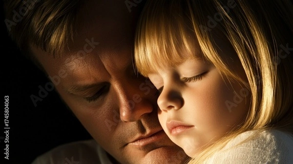 Fototapeta A man is holding a small child in his arms. The child is sleeping and the man is looking at the child with a gentle expression. Scene is peaceful and loving