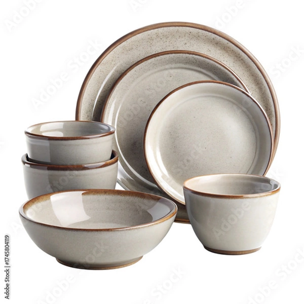 Obraz Rustic stoneware dinnerware set with plates and bowls isolated on transparent background