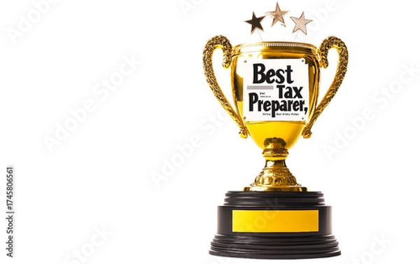 Fototapeta Golden Trophy with Best Tax Preparer Label Representing Excellence in Accounting and Financial Achievement isolated on transparent background PNG