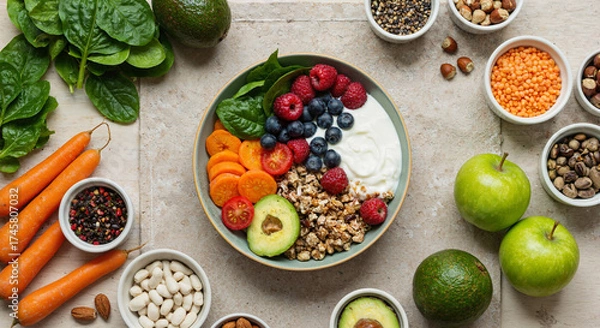 Obraz Healthy meal bowl with fruits, yogurt, and granola surrounded by fresh ingredients on a table