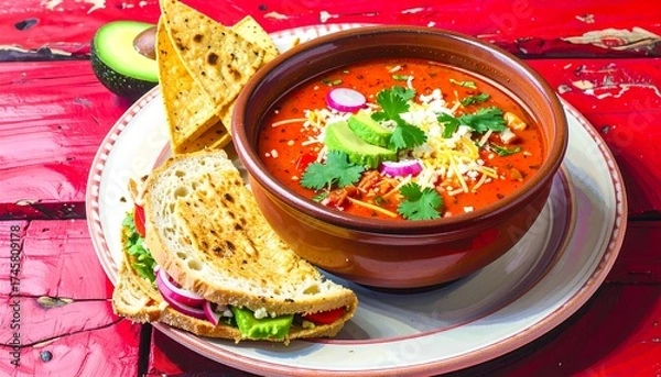 Fototapeta Hearty soup and sandwich on a rustic table
