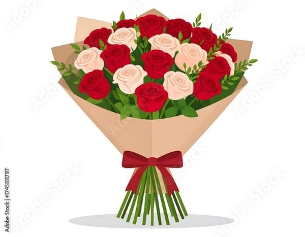 Fototapeta A bouquet of red and peach roses tied with a ribbon