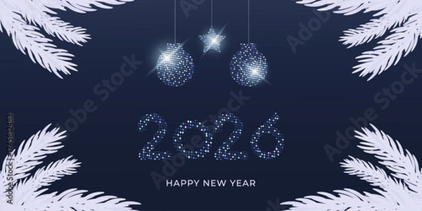 Fototapeta A trendy, modern New Year 2026 banner. Designed with sparkling balls, numbers, and pine branches on a dark blue background. Suitable for posters or greeting cards.