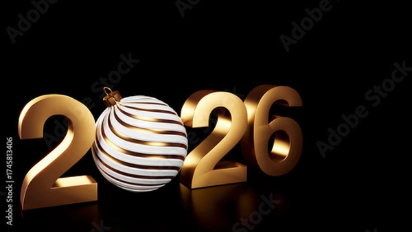 Fototapeta Golden 3D Numbers 2026 with a White and Gold Striped Christmas Ornament Replacing the Zero, Isolated on a Black Background