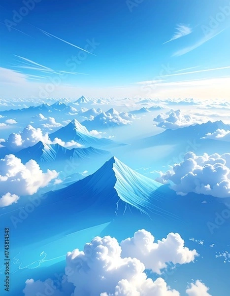 Fototapeta Aerial view of snow-capped mountains, fluffy clouds, and a vibrant blue sky
