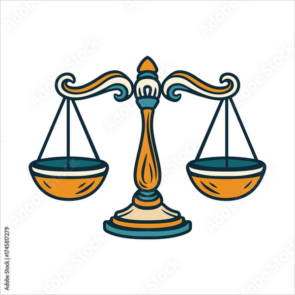 Obraz Hand-drawn Libra zodiac sign illustration showing elegant balance scales with vintage details and vivid tones. Perfect for astrology, justice, and harmony-themed art. Part of set.