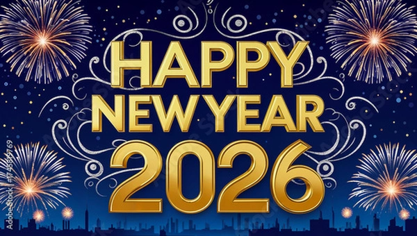 Fototapeta text Happy New Year 2026 set against a dark blue background with Fireworks