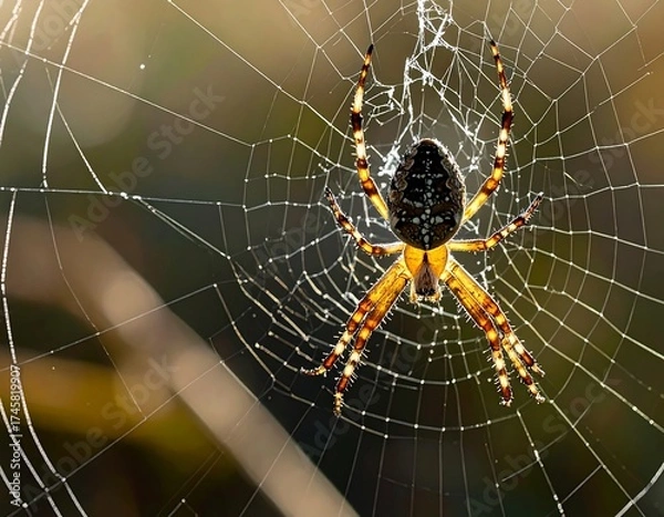 Fototapeta Ornate spider centered in intricate web, sunlit