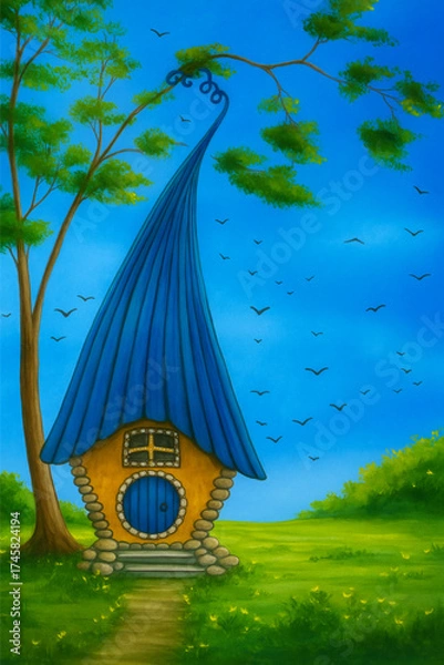 Fototapeta Whimsical fairy tale house illustration in vibrant colors, surrounded by nature and blue sky. Perfect for fantasy art, children’s stories, or magical design themes. (Fixed with AI)