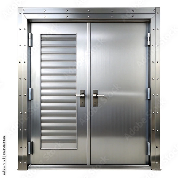 Fototapeta Heavy duty industrial metal double door with horizontal slats and brushed steel finish, isolated on transparent background