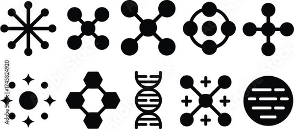 Fototapeta Set of ten dna strands and molecular structures in black and white editable eps vector minimal silhouette design for scientific research graphics biotech posters or infographics