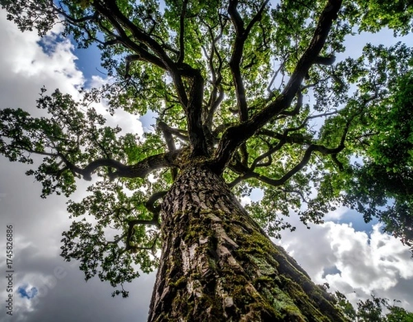 Fototapeta Massive tree reaching towards a cloudy sky.  Deep perspective.  Large, gnarled trunk, lush canopy.  Natural light