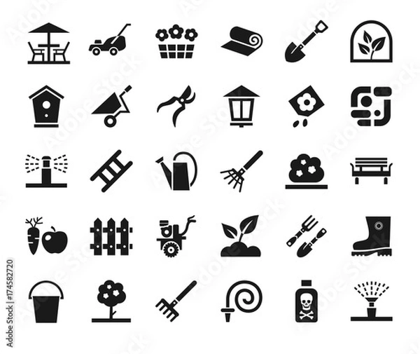 Fototapeta Landscape design, icons, monochrome, vector. Arrangement of land. Equipment for horticulture. Dark grey, flat icons on white background.  