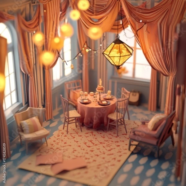 Fototapeta A room with a table and chairs, and a lamp hanging from the ceiling. The room is decorated in a pink and white color scheme, giving it a cozy and inviting atmosphere