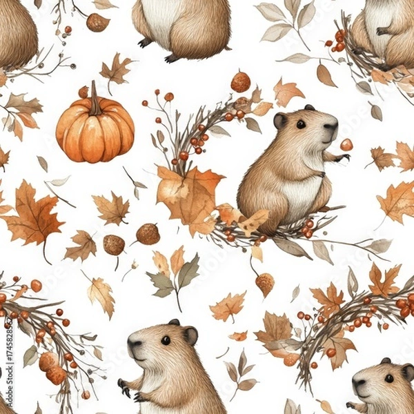 Fototapeta A pattern of leaves and a pumpkin with a small brown animal sitting on it. The animal is a hamster