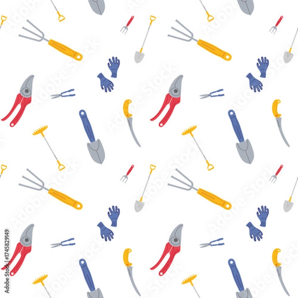 Fototapeta Garden tools scattered on a white background for home gardening and landscaping projects