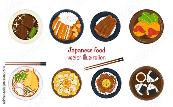Obraz Flat vector banner illustration set. Delicious food. Various Japanese dishes menu. Ramen, Udon, Curry rice. Top view cooking. Recipes, menu, restaurant for food design, poster and background.