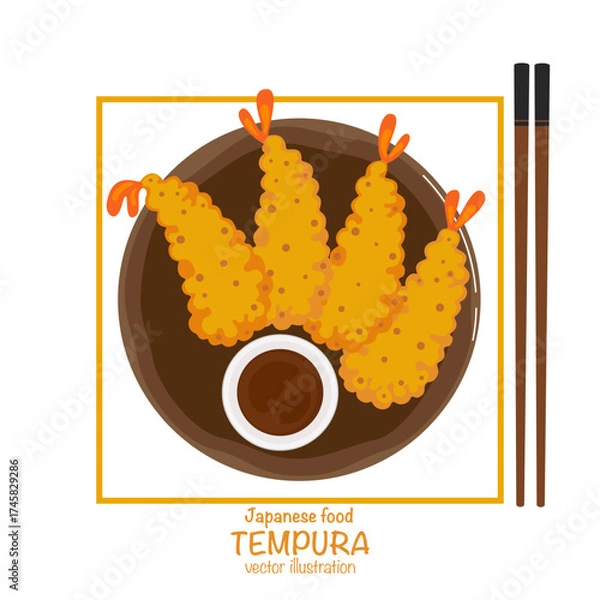 Obraz Cute vector illustration of Japanese tempura shrimp with golden, crispy fried batter, isolated on a white background, suitable for Asian food design, restaurant menus, packaging, and food decoration.