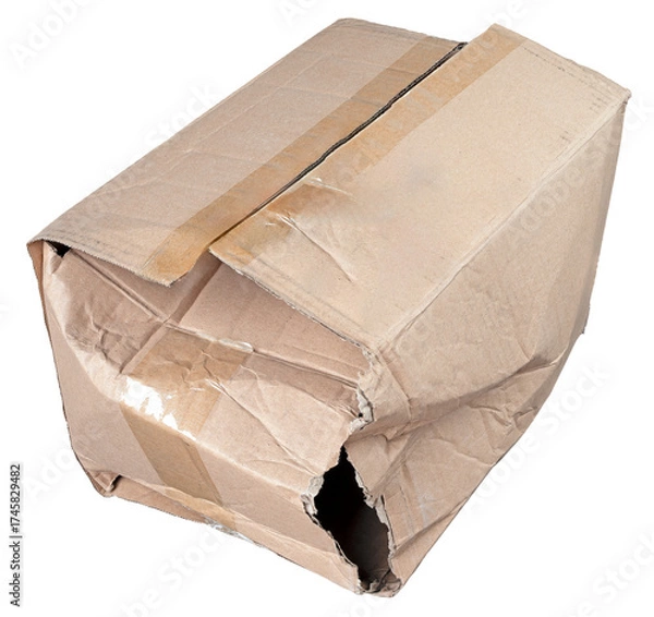Fototapeta Gray cardboard box damaged and torn on one corner. Isolated background.	