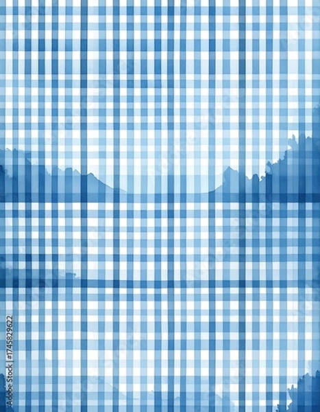 Fototapeta A light blue and white gingham pattern, overlaid with soft, diffused, dark blue mountain shapes
