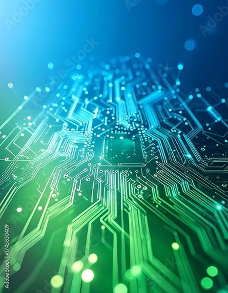 Fototapeta Abstract circuit board, vibrant green and blue,  3D effect, glowing lines and components,  digital technology,  futuristic design