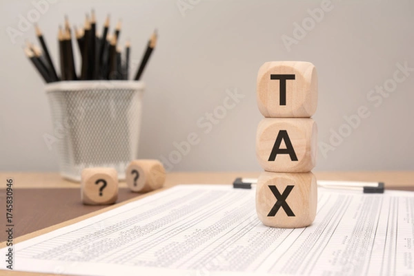 Fototapeta Wooden cubes spelling TAX in a vertical stack on a financial sheet