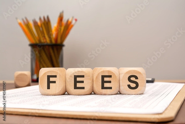Fototapeta Wooden cubes spelling FEES on printed financial document