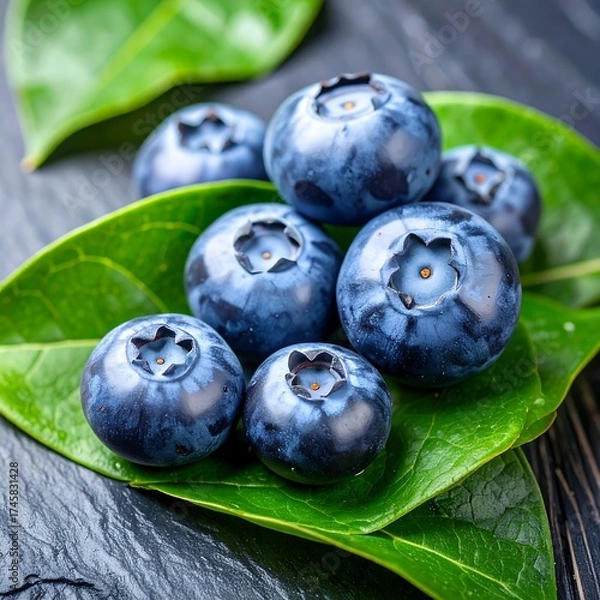 Fototapeta Fresh blueberries nestled on vibrant green leaves, resting on a dark stone surface