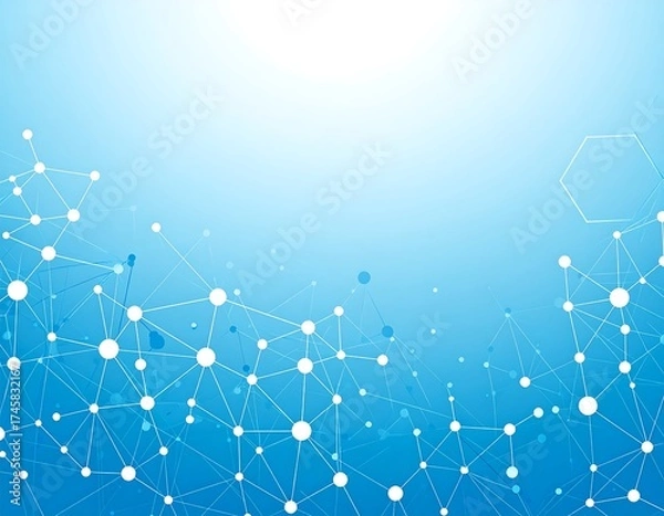 Fototapeta Abstract network graphic with interconnected nodes and lines.  Light blue gradient background.  Shapes include circles, triangles, and hexagons