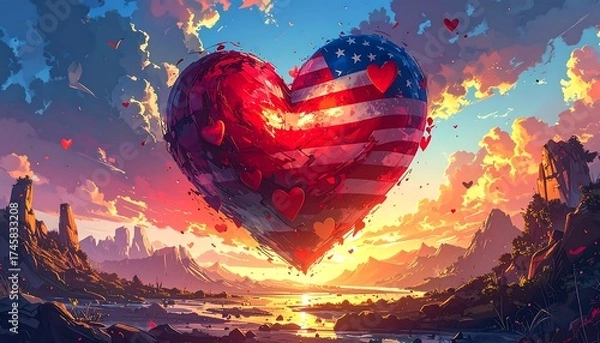 Fototapeta A heart-shaped American flag floats above a landscape at sunset.  Vibrant colors and stylized design
