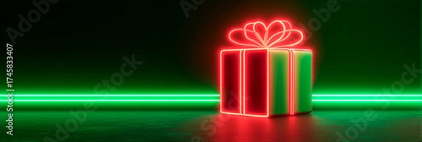 Fototapeta A neon-lit gift box with a glowing red bow sits on a dark surface framed by green neon lines.