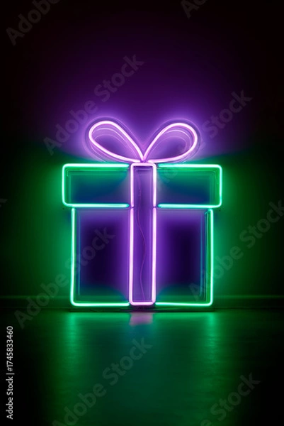 Fototapeta A neon-lit gift box glows in purple and green with a glowing bow against a dark background, creating a vivid, futuristic centerpiece.