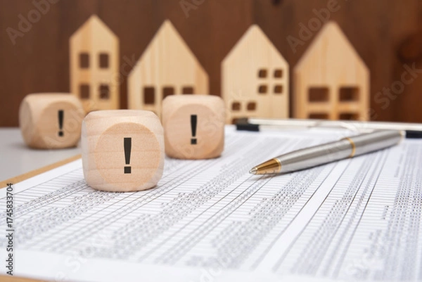 Fototapeta Wooden cubes with exclamation marks and pen on financial spreadsheet