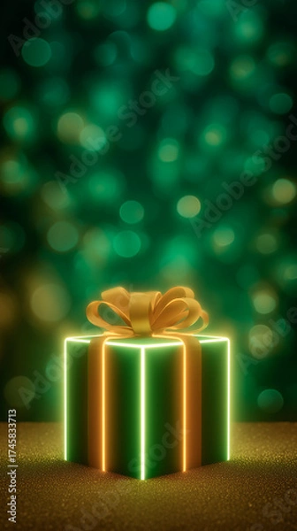 Fototapeta A glowing green gift box with a gold ribbon sits on a sparkling surface against a bokeh background.
