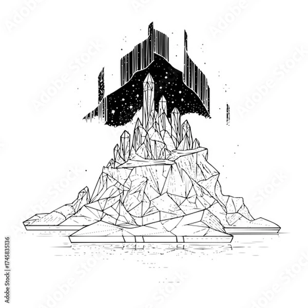 Fototapeta Crystal mountain landscape illustration with stars and geometric shapes vector art design element