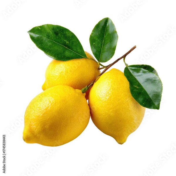 Fototapeta Fresh Yellow Lemons with Green Leaves on atransparent background