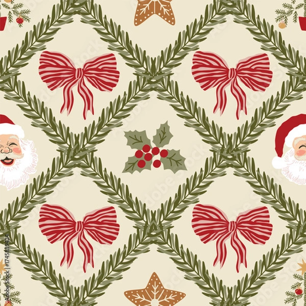 Fototapeta Retro Christmas bows seamless pattern. Hand drawn fir tree trellis, ribbon Santa Claus, gingerbread, Christmas tree repeat background, wallpaper, wrap paper. Vintage winter holiday textile design.
