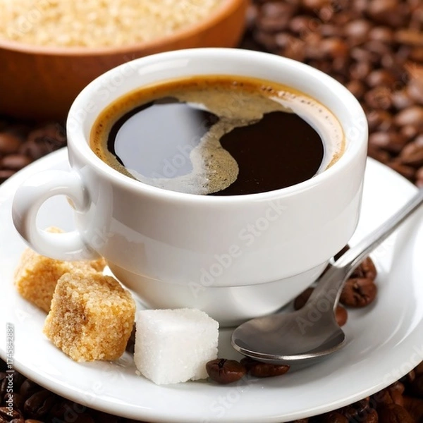 Fototapeta Dark espresso in white cup, sugar cubes, coffee beans