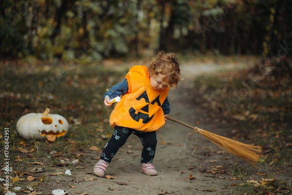Fototapeta A young child in a pumpkin costume sweeps with a broom on a forest path during Halloween, with a carved pumpkin nearby