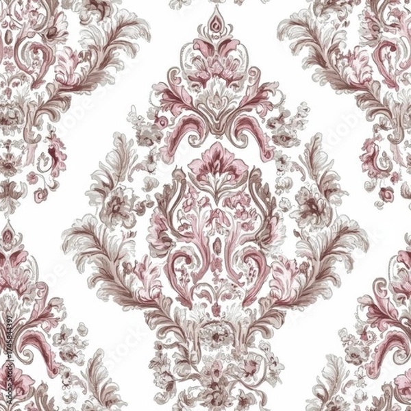Fototapeta A floral patterned wallpaper with pink and brown colors. The design is ornate and intricate, with a lot of detail. The wallpaper is likely used to decorate a room or space, and it gives off a warm