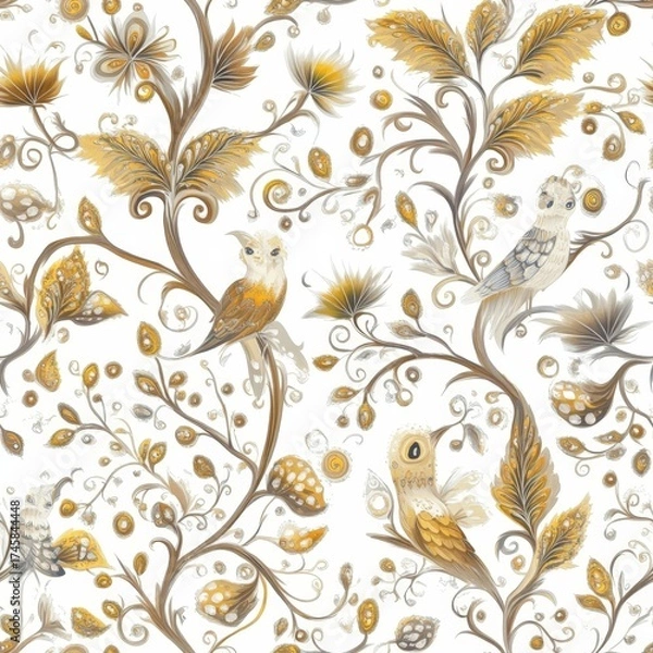 Fototapeta A floral patterned wallpaper with birds on it. The birds are perched on the leaves of the tree